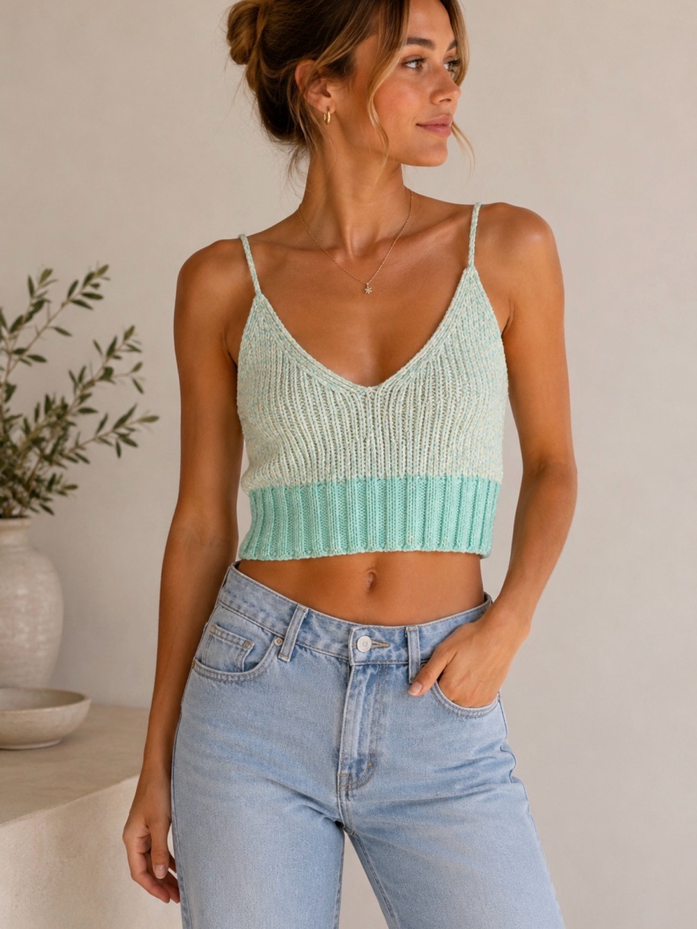 Free People Mint Knit Cropped Tank Top